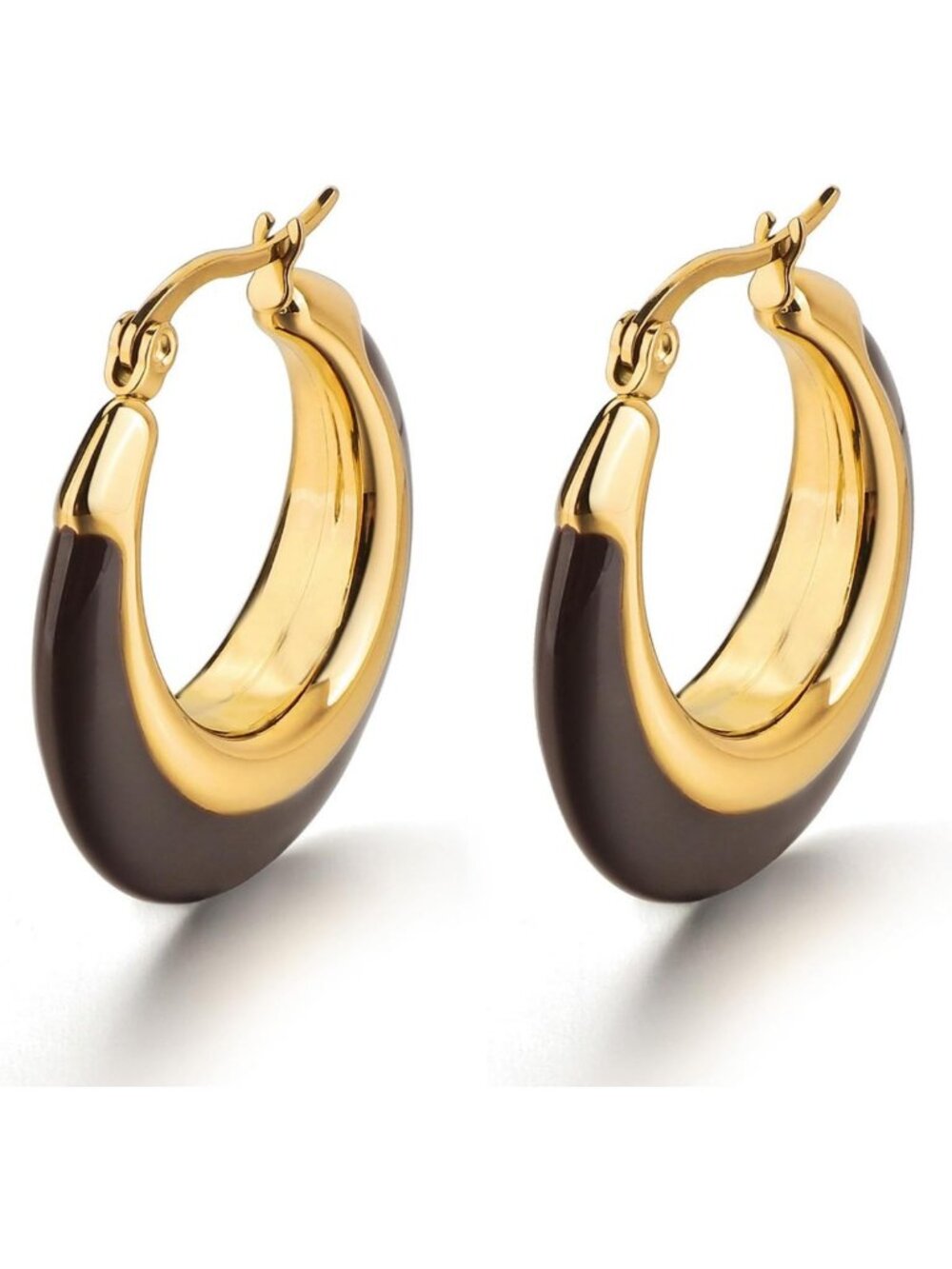 Chunky Gold Plated Enamel Hoop Earrings for Women - Bamboo Checkered Huggies